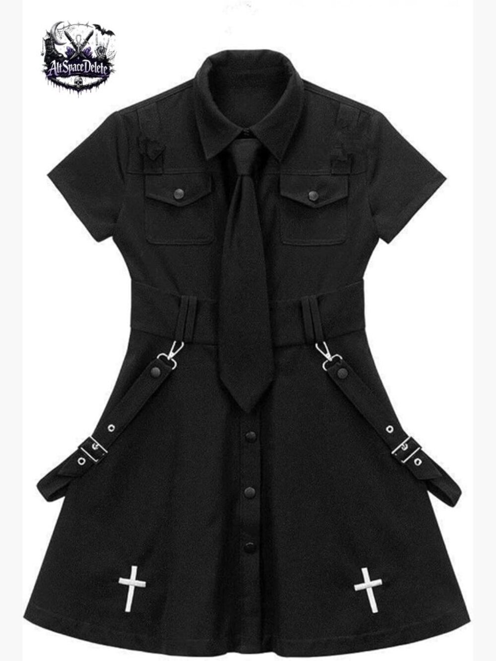 Black Mini Shirt Dress with Tie, Gothic Punk Style, Short Sleeve